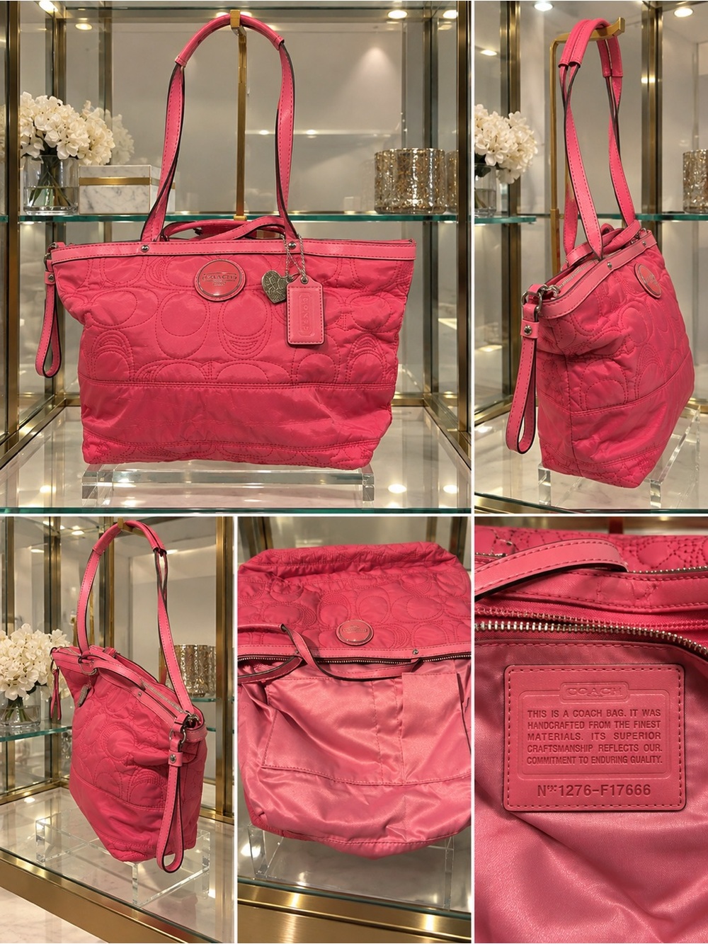 Vintage Coach 1276 F17666 Pink Quilted Nylon Tote Shoulder Bag Signature C